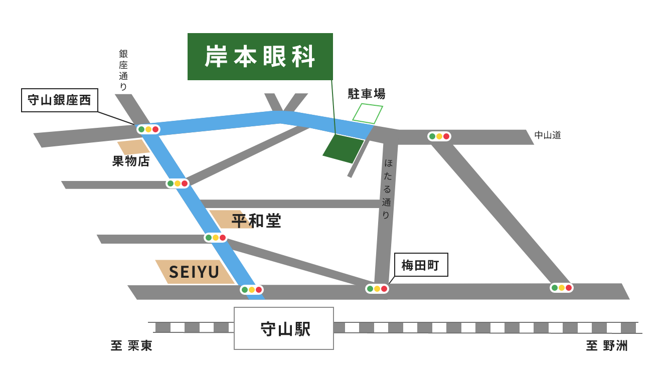 守山駅からお車で岸本眼科医院までのマップ